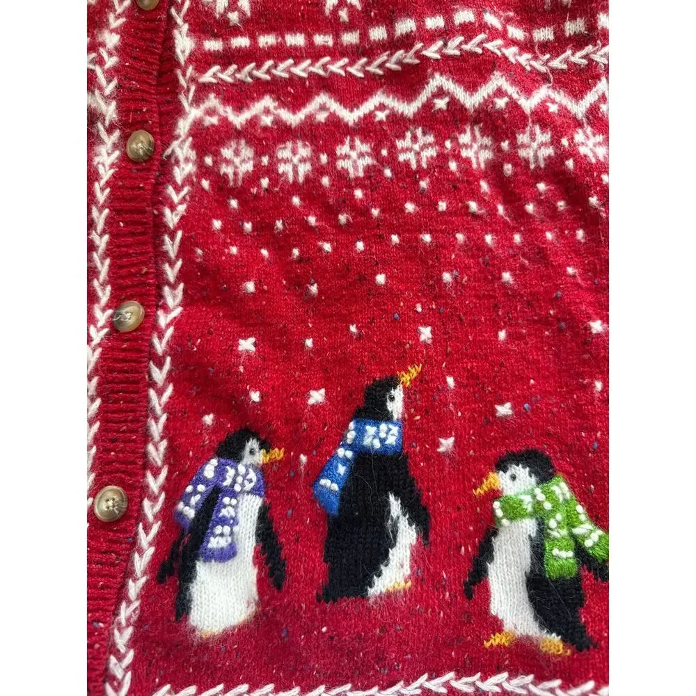 Coldwater Creek Knit Holiday Cardigan Sweater Penguin Snowflake Size XXL